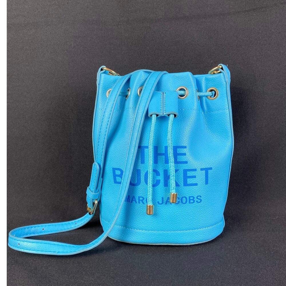 MARC JACOBS BAG Blue Drawstring Bucket Crossbody Leather Handbag Women